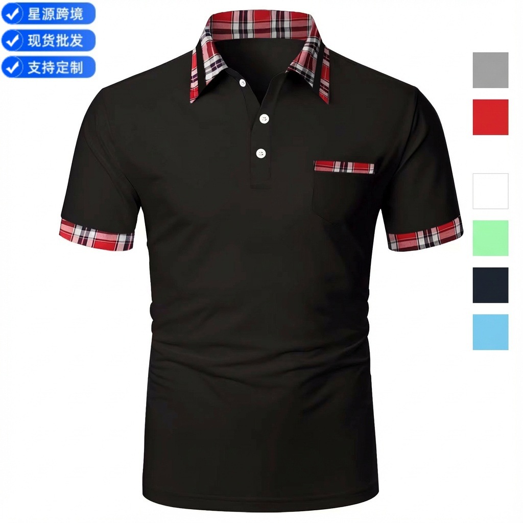 Cross-Border Amazon Foreign Trade European and American Men's Short-Sleeve Plaid Color-Block Button Pocket Polo Shirt with a Turn-Down Collar, Loose Fit
