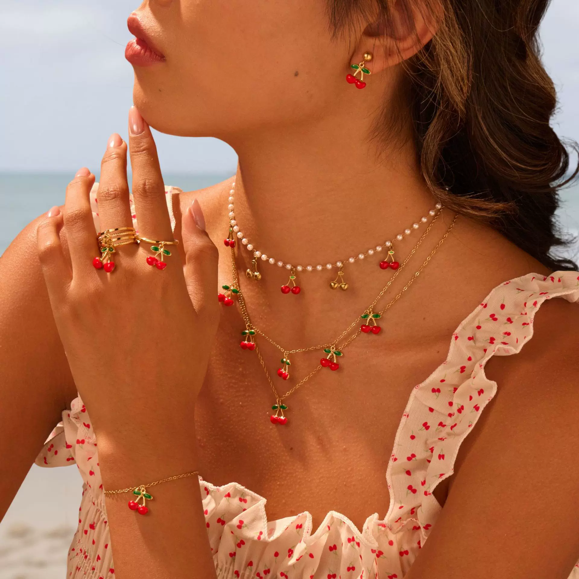 跨境热销水果樱桃吊坠不锈钢项链可爱耳环钛钢戒指精致项饰品批发