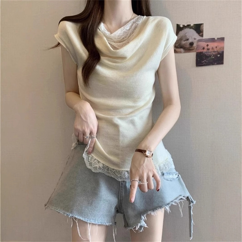 Lace Patchwork Draped Collar Knit T-Shirt for Women, Spring 2026 New Style, Waist-Cinching, Slimming, Pure Desire Style, Versatile Short-Sleeve Top