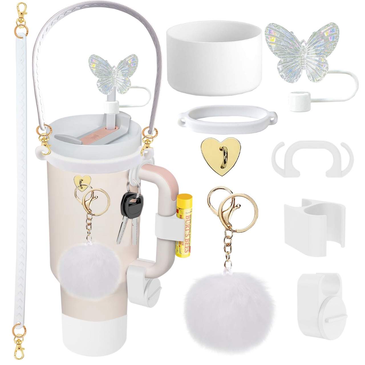Accesorios de taza Stanley colgante de cuerda de mano flor de silicona gorra de paja de peluche colgante de taza cadena de taza de color cubierta de taza