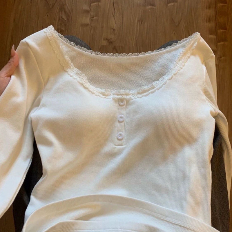 청순한 쇄골 노출 퓨어욕망 레이스 라운드넥 가슴 패드 여성용 긴팔 셔츠, 슬림 슬리밍, 따뜻한 밑단 셔츠