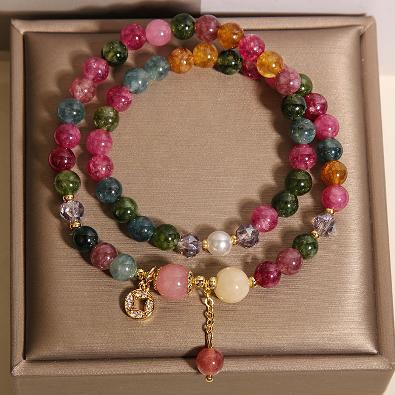 Nueva pulsera de doble círculo de turmalina de color chino para mujer, lujo ligero, nicho, sentido de alta gama, brazalete de transferencia de suerte, regalo de novia