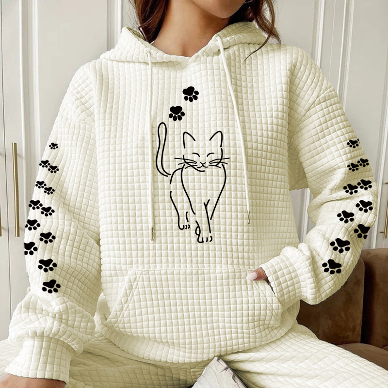 2023 Otoño e Invierno ropa de mujer nueva waffle con capucha de manga larga letra impresa suéter suelto europeo y americano transfronterizo tamaño europeo