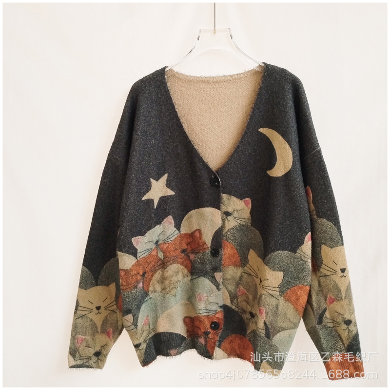 Fashion Cartoon Printed Flower Sweater Coat Women's Long Sleeve V-Neck Imitation Mink Cashmere Cardigan plus size Loose Fit