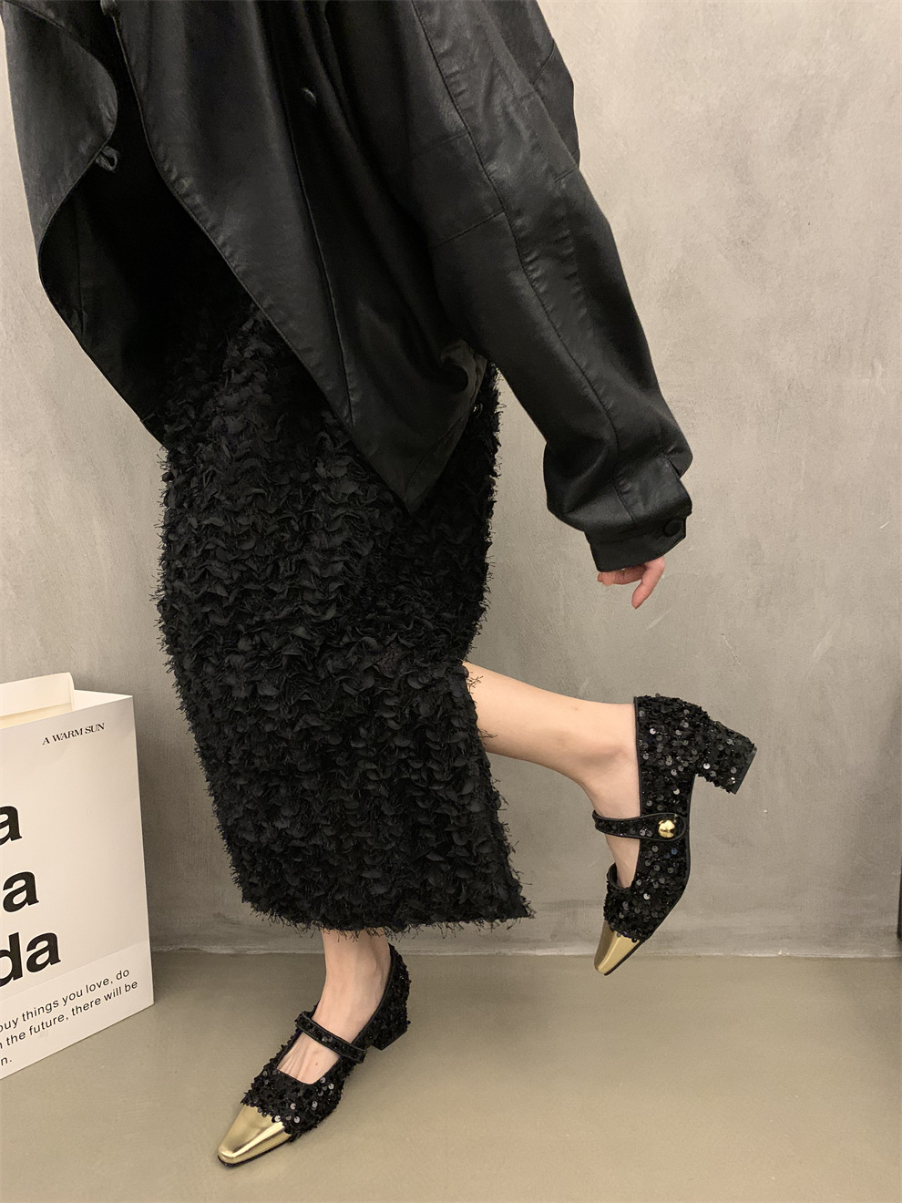 Chanel estilo tacones altos primavera y otoño tacón grueso noche lentejuelas zapatos de una sola capa zapatos de mujer estilo francés vestido negro Mary Jane zapatos