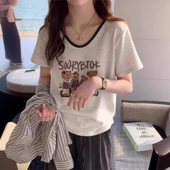 米灰色撞色短袖T恤女正肩纯棉宽松显瘦遮肚休闲百搭小个子V领上衣