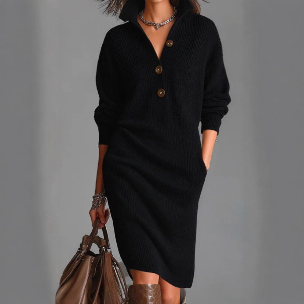 2025 Independent Station European and American New Autum Casual Button Lapel Loose Straight Casual Mid-Length Sweater Skirt