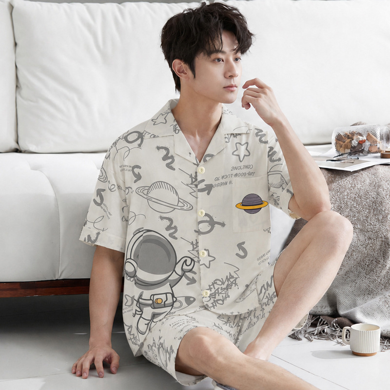 2026 Astronaut Print Simple Summer Cotton-Like Short Sleeve Shorts Pajamas for Men Real Shot Home Wear Set Can Be Worn Outside 2026 Astronaut Print Simple Summer Cotton-Like Short Sleeve Shorts Pajamas for Men Real Shot Home Wear Set Can Be Worn Outside
