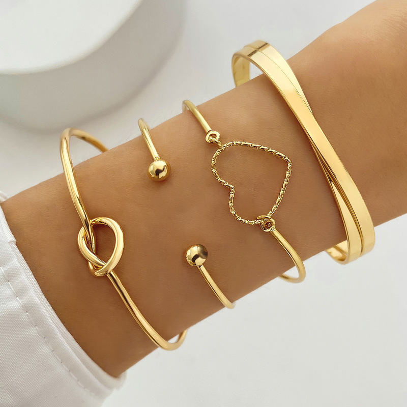 Creative Peach Heart Geometric Cross Bracelet 4-Piece Set European and American Cross-Border Alloy Knotted Set 2024 New Style