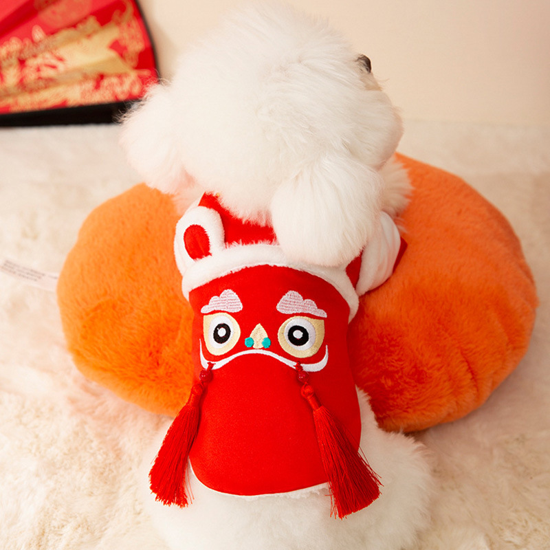 Año nuevo mascota Tang traje León danza pareja ropa de algodón acolchado ropa de Año Nuevo ropa de perro festivo gato dos pies ropa de perro caliente
