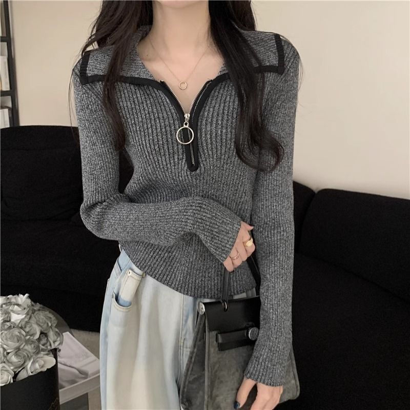 高级感半拉链翻领毛衣女秋冬内搭打底修身显瘦针织衫长袖短款上衣|undefined