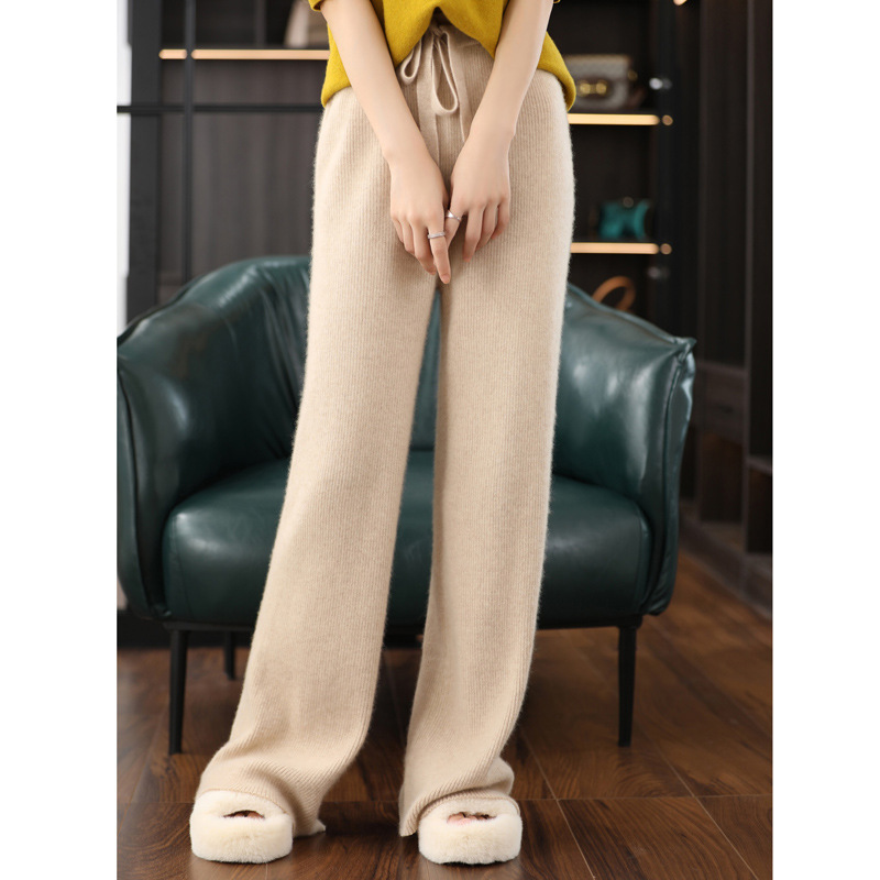 Knitted Wide-Leg Pants for Women, High-Waisted Elastic Draped, Thickeneded Warm Floor-Length Pants for Small People, Straight-Leg Pants, Leggings, Casual