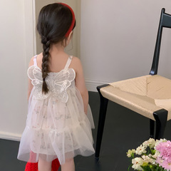 Girls' Floral Dress, Korean Kids' Wear 2024 Summer New Style—Little Girls' Elegant Princess Gown with Straps and Mesh Fabric