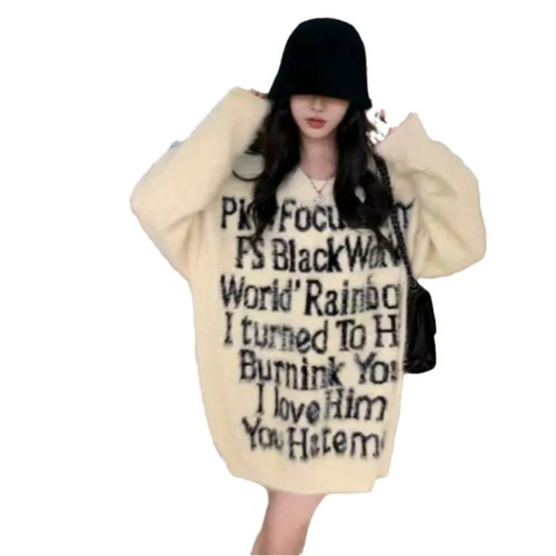 Chic Brand American Letter Mink Hoodie for Women - Loose Fit Pullover High Street Lazily Styled Mink Faux Fur Knit Top for Autumn/Winter