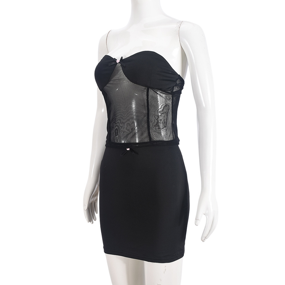 Women Clothing Chest Wrapped Skirt Fashionable See through Sexy Patchwork Two Piece Sets Women
