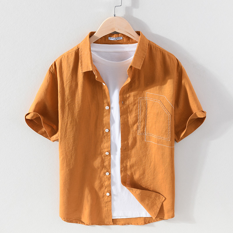 Camicia a maniche corte in lino solido da uomo in estate, camicia in lino con risvolto sottile e traspirante, fresca e casual, materiale in cotone e lino_voghion.com