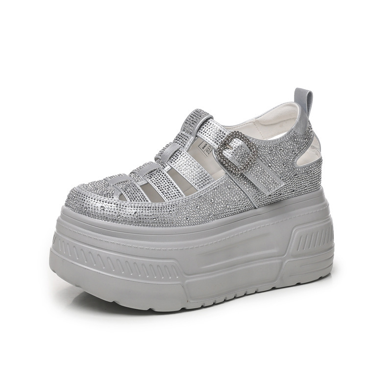 Giày sneaker nữ đế dày tăng chiều cao, phối đá rhinestone, kiểu dáng thể thao trắng tinh — màu trắng