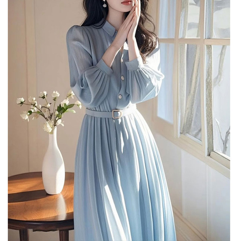 2025 spring new women's French high-end feeling beautiful unique temperament waist white chiffon shirt dress 2025 spring new women's French high-end feeling beautiful unique temperament waist white chiffon shirt dress