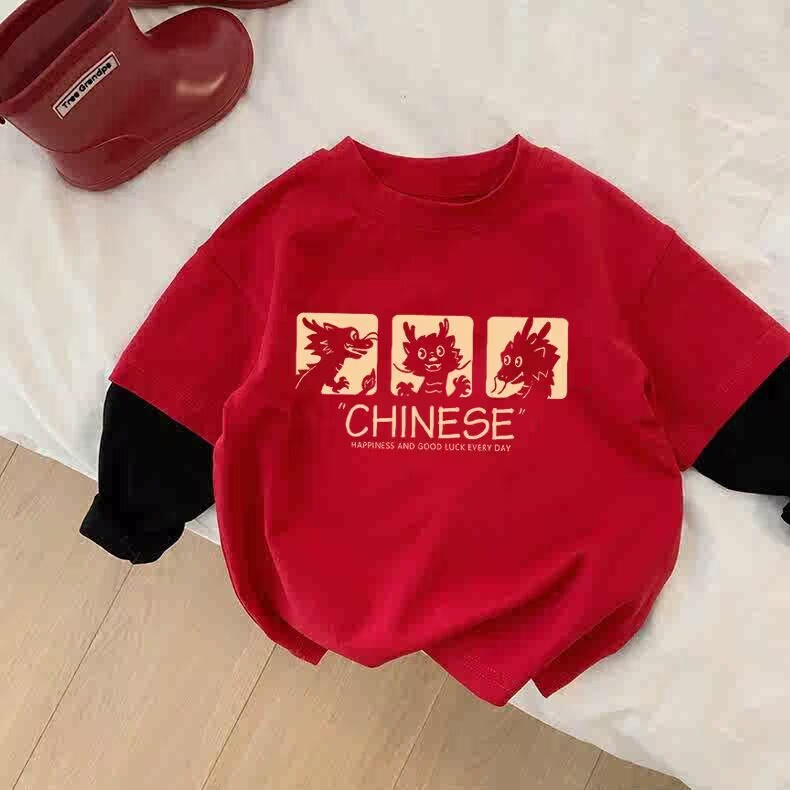 Children's cotton new boys' and girls' long-sleeved T-shirt fake two-piece children's cartoon printed fashionable casual top