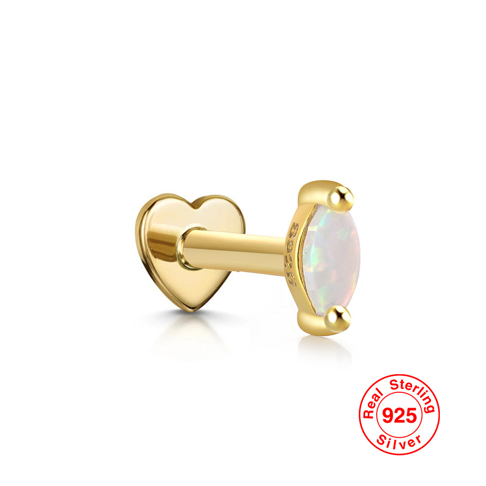 S925 plata esterlina ópalo diamante incrustado en forma de corazón hilo piercing oído hueso Stud Europea y Americana Venta caliente de alta calidad pendientes