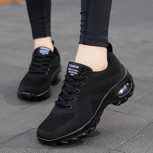 Summer Quanzhou Women's Shoes Black Running sneaker Mesh Breathable Casual Shoes Air Cushion Travel Shoes Thick Sole Anti-slip Shoes