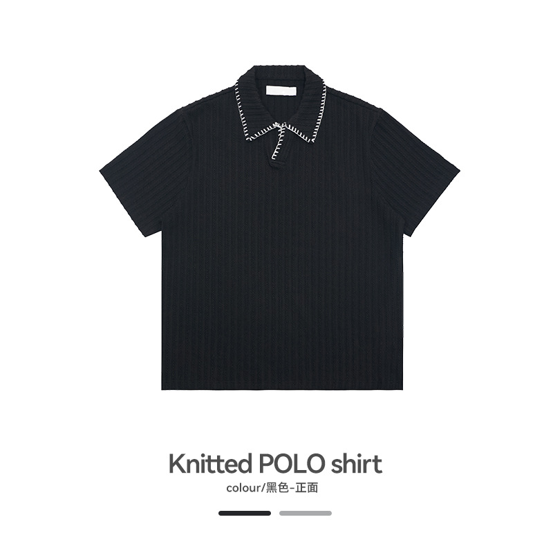 UNFレースvネック麦穂紋poloシャツ半袖男女筋理感アメリカ古銭風半袖ニットtシャツ夏