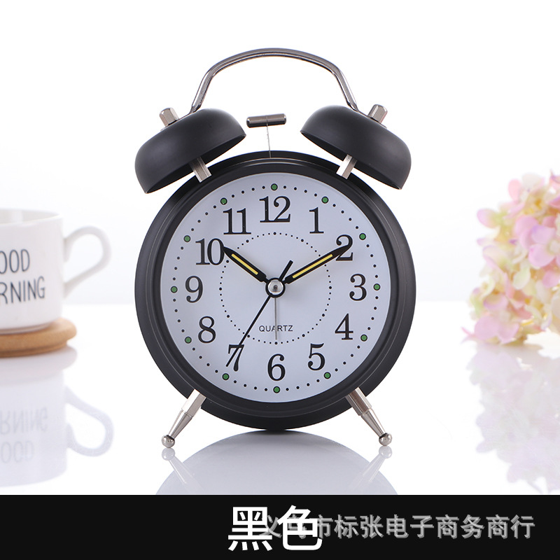 Directo de fábrica de 4 pulgadas de metal campana de alarma reloj despertador mudo estudiante despertador luminoso puede establecer el logotipo