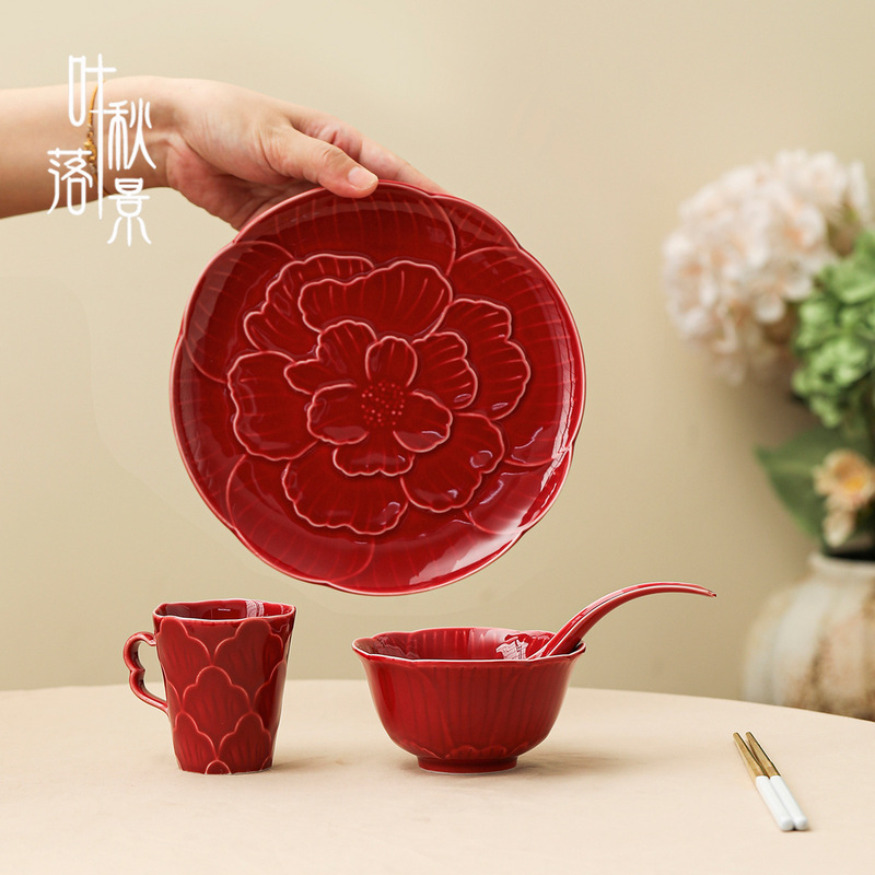 Ceramic Wedding Bowls, Chopsticks and Spoon Set for Newlyweds, Bride's Dowry Wedding Red Ceramic Wedding Bowls and Chopsticks