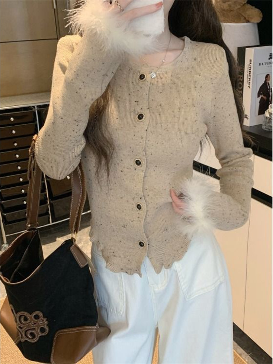 小香风毛绒绒拼接针织开衫女春季新款设计感修身内搭彩点百搭毛衣|undefined