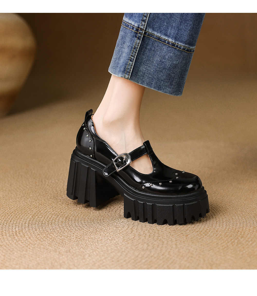 Giày Mary Jane cao gót da thật 9cm, đế bánh xốp, khóa chữ T, gót thô — Màu đen chi tiết 12