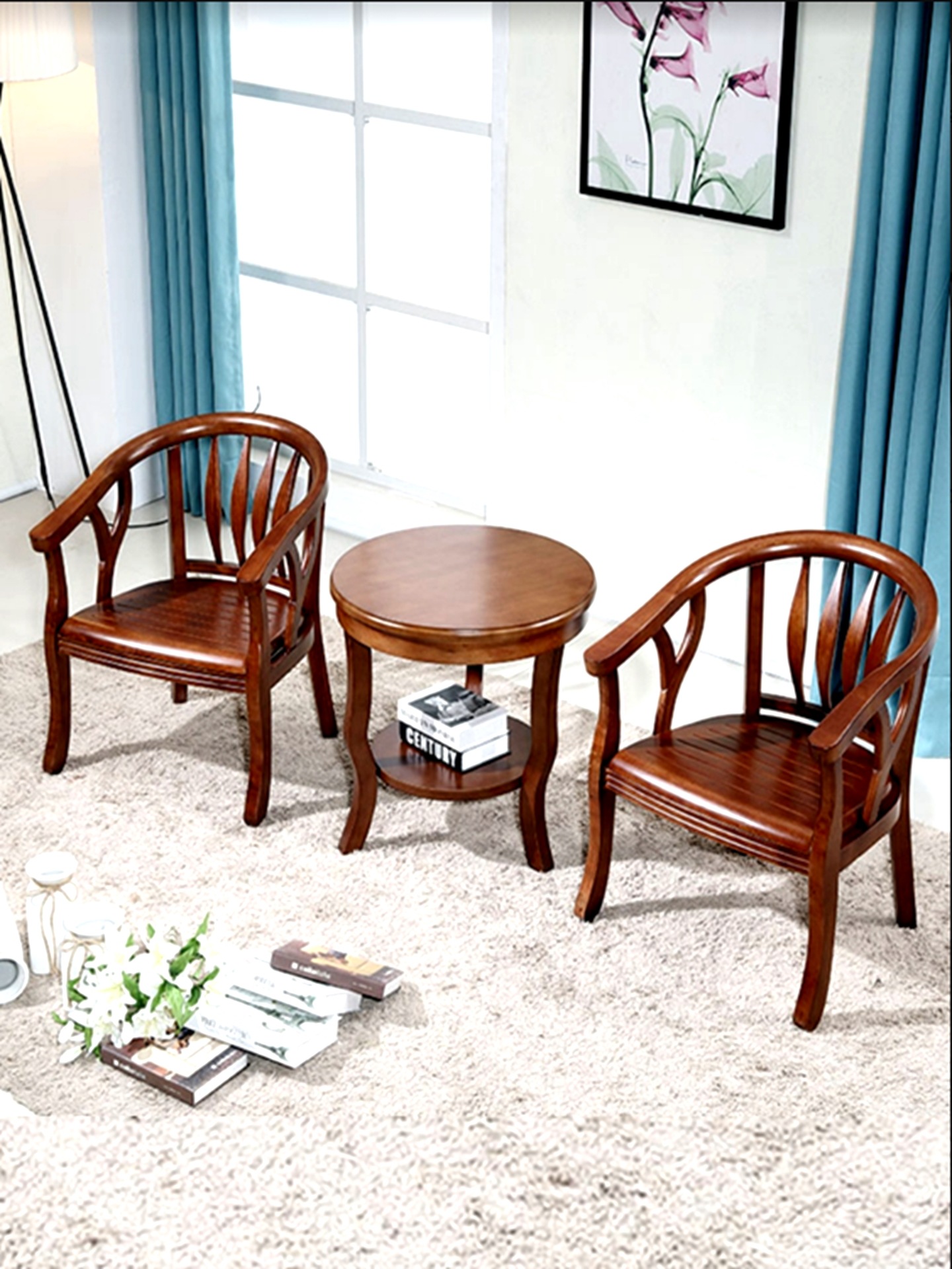 酒店客房围椅三件套宾馆橡木圈椅茶几中式单人实木洽谈民宿公寓椅