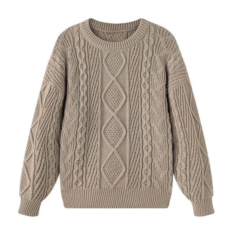 Autumn and winter Maillard khaki cable-knit sweater for men, vintage heavy-duty round-neck knitwear, loose and warm outerwear Autumn and winter Maillard khaki cable-knit sweater for men, vintage heavy-duty round-neck knitwear, loose and warm outerwear