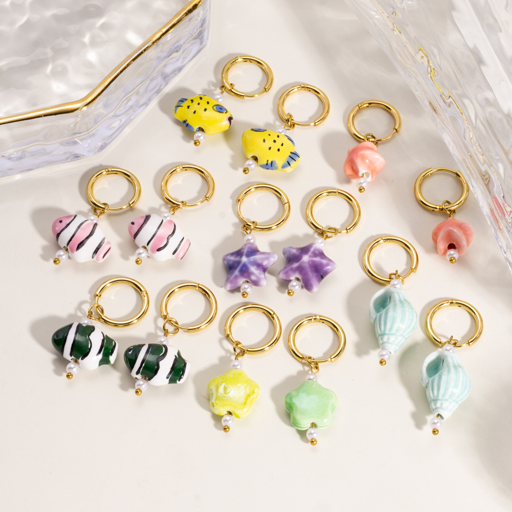 Ocean Resort Style Ceramic Painted Pendant Earrings for Women, Fashionable and Simple Starfish, Conch, Tropical Fish Stainless Steel Earrings