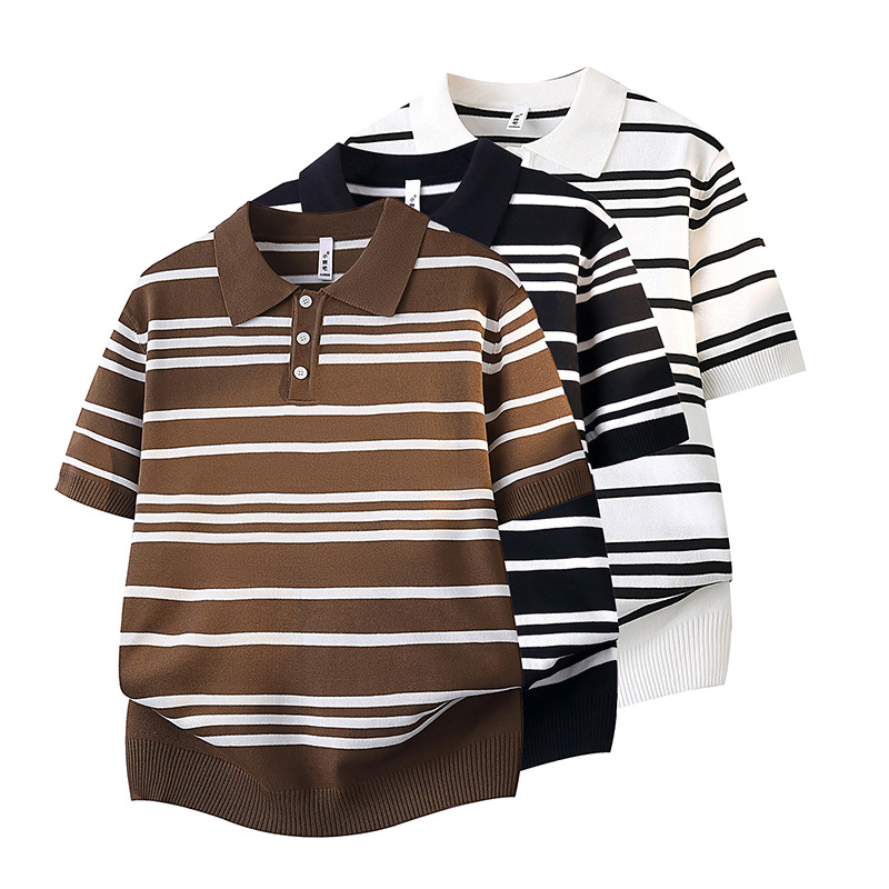 Polo camiseta de punto camiseta de manga corta hombre con solapa rayas viejas camisetas de hielo de negocios de verano fábrica transfronteriza al por mayor