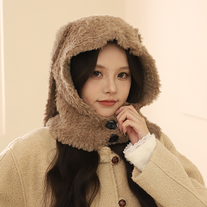 Sevimli Tavşan Kulakları Balaclava Kadın Sonbahar ve Kış 2024 Yeni Sıcak Kalın Yün Şapka Kulak Koruması_voghion.com