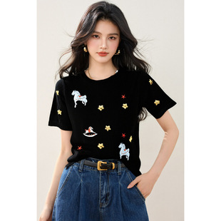 Black Top Summer Loose Cartoon Embroidered Short-Sleeved Women's 2025 New Sweater