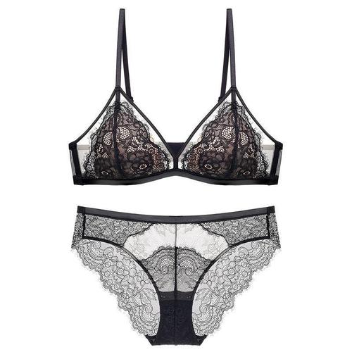 Factory direct sales French lace underwear female eyelashes no wire bra thin cotton triangle cup bra set