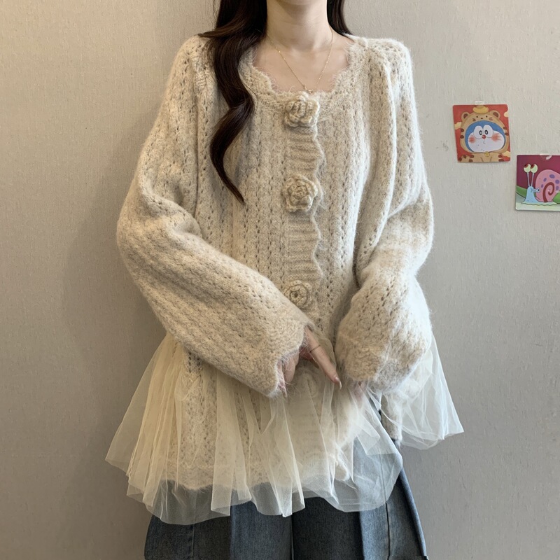 立体花朵长袖针织衫毛衣女春秋新款大码胖显瘦法式网纱拼接上衣|undefined