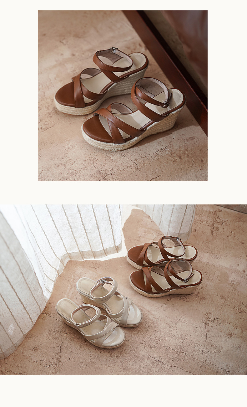 Sandal cao gót nữ hở mũi phong cách Pháp, gót 10 cm, đế rơm dày, quai ngang khóa — màu nâu, màu trắng ngà chi tiết 6