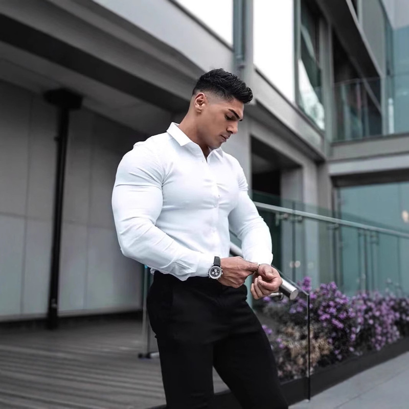 Fitness Coach Solid Color Long Sleeve Shirt Muscle Men's Fitness Training Sports Top Tight Elastic Non-iron Thin Shirt