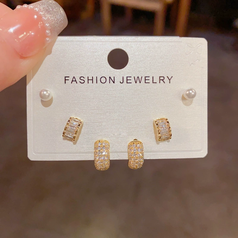 Серебряная игла, короткий цирконий, универсальные серьги, набор, образец серебра 925, микроинкрустация, японская и корейская стили, простой и элегантный дизайн, набор из 3 шт.