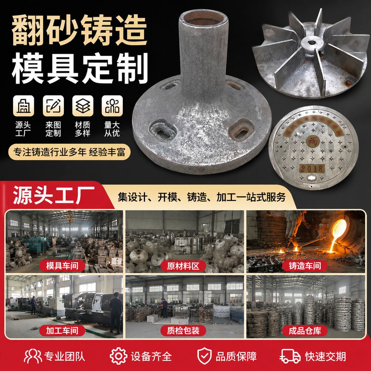 翻砂铸造球墨浇刚铝铸件树脂砂消失模模型模具加工路牌底座窨井盖