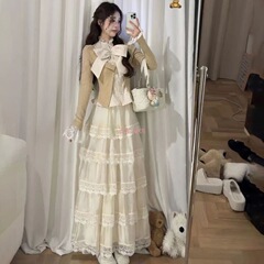 厂家直销2025秋季新款法式少女风蝴蝶结衬衫上衣拼接半身裙套装女