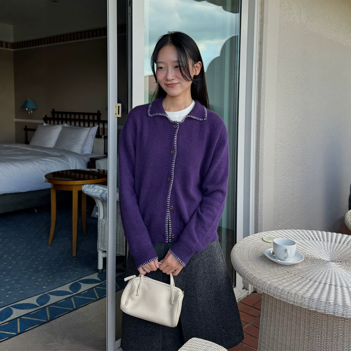 时简ACME 保暖兔毛混纺撞色明线针织衫女秋冬新款毛衣外套 22961