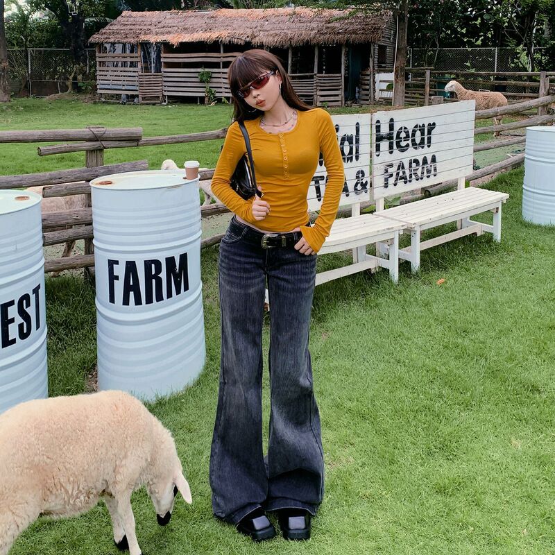美式辣妹灰色微喇牛仔裤女2025年秋冬新款低腰弹力显瘦百搭喇叭裤|undefined