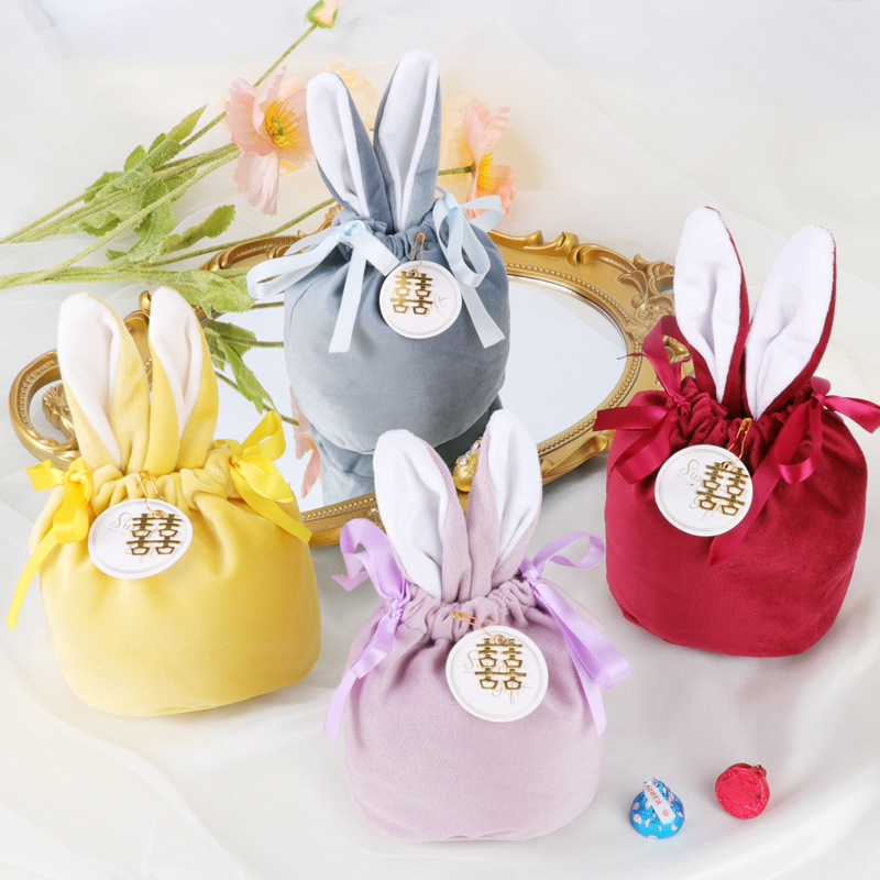 新款結婚絲絨喜糖袋創意喜糖盒伴手禮結婚禮盒兔耳朵喜糖袋子批發