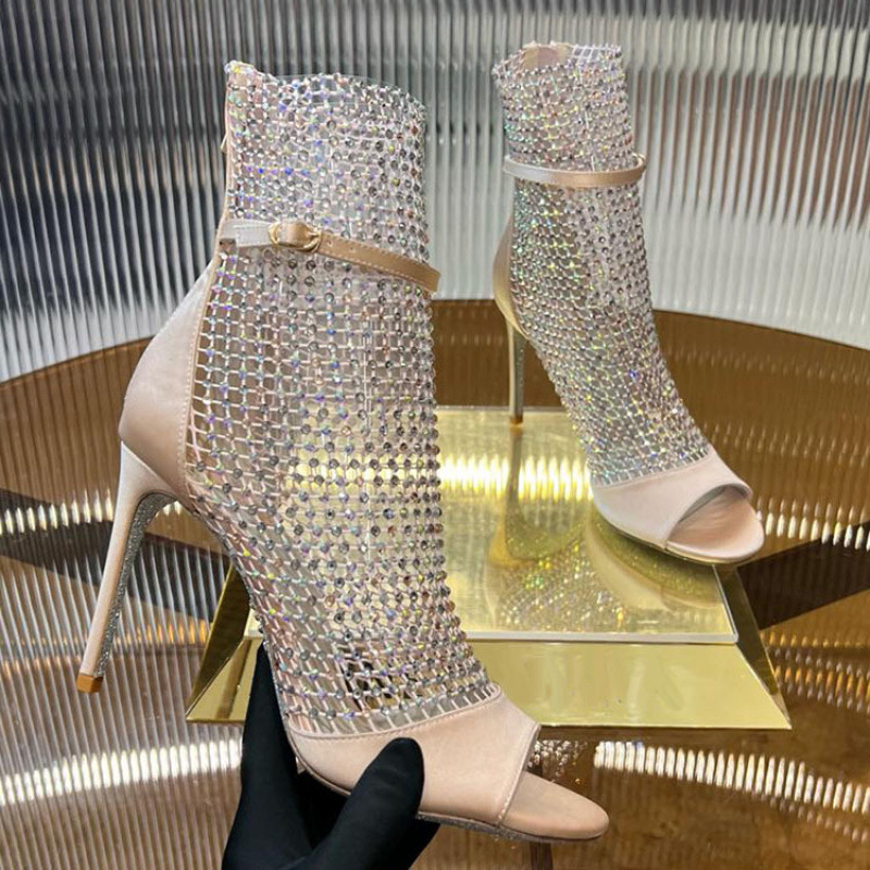 European and American Fish Mouth Open Toe Rhinestone Fishnet Sexy Sandals Super High Heel Back Zipper Fashion Short Boots Color Matching Mesh Large Size