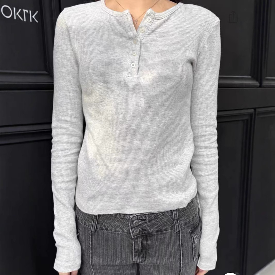 BM风 美式华夫格五粒扣亨利衫圆领长袖T恤修身打底衫内搭上衣女潮
