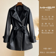 2024秋新中长款绵羊皮真皮风衣女海宁机车系带收腰外套休闲皮大衣