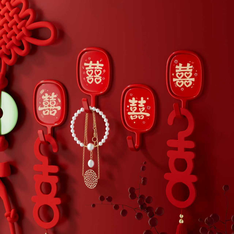 Red Festive Small Hooks with the Character "Fu" Strong Adhesive No-Drill Wall Traceless Chinese Style New Year Heavy-Duty Sticky Hooks